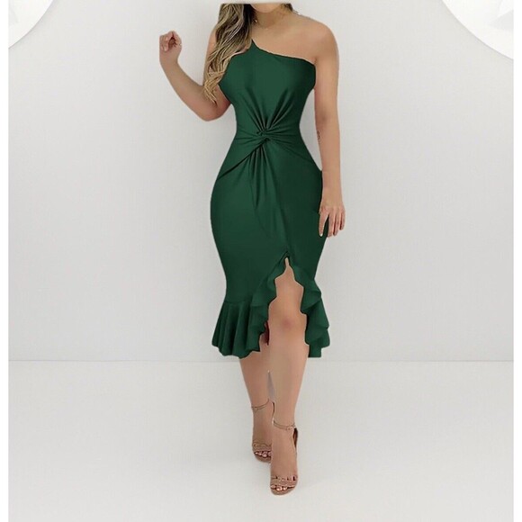 Women Night Gown Dress Large Green One Shoulder Ruffle Hem CHICME - Picture 1 of 16